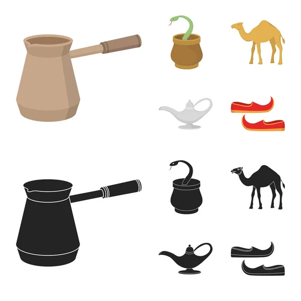 Cezve, lámpara de aceite, camello, serpiente en la cesta. emiratos árabes conjunto de iconos de colección en dibujos animados, negro estilo vector símbolo stock ilustración web . — Archivo Imágenes Vectoriales
