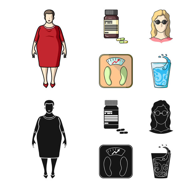 Full woman, a girl with glasses, a scales with exquisite result. Diabeth set collection icons in cartoon,black style vector symbol stock illustration web.