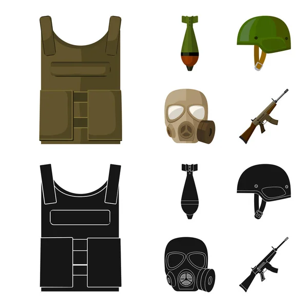 Colete à prova de bala, meu, capacete, máscara de gás. Ícones de coleção militar e exército conjunto em desenhos animados, estilo preto símbolo vetorial estoque ilustração web . — Vetor de Stock