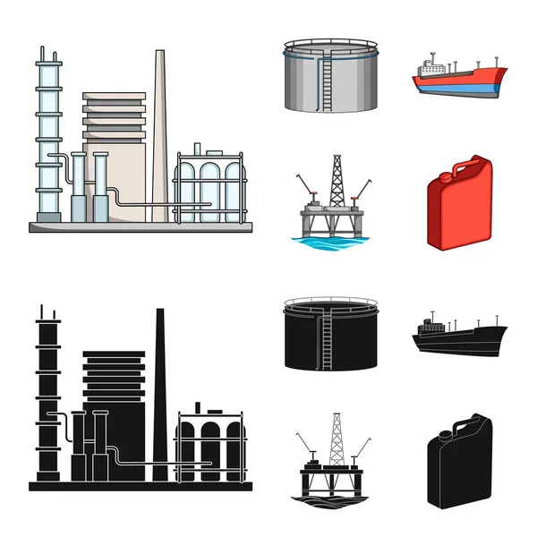 Refinaria de petróleo, tanque, tanque, torre. Ícones de coleção de conjuntos de óleo em desenhos animados, estilo preto símbolo vetorial ilustração web . —  Vetores de Stock