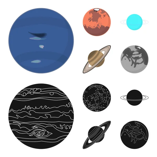 Neptuno, Marte, Saturno, Urano del Sistema Solar. Planetas conjunto de iconos de colección en dibujos animados, negro estilo vector símbolo stock ilustración web . — Vector de stock