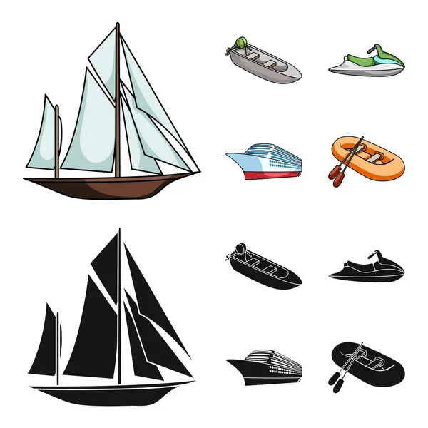 古代帆船, 机动船, 滑板车, 船用班轮。船舶和水运集合图标在卡通, 黑色风格矢量符号股票插画网站. — 图库矢量图片