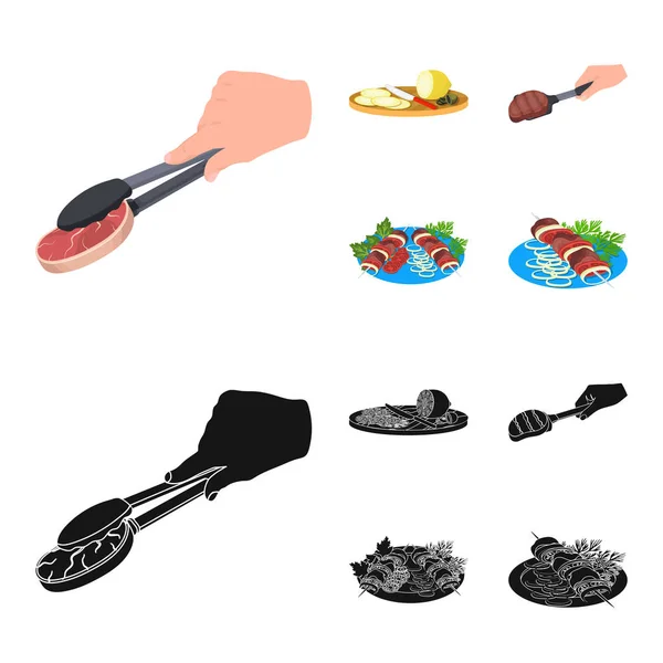 Pinzas con bistec, carne frita en una cucharada, rodajas de limón y aceitunas, shish kebab en un plato con verduras. Comida y cocina conjunto colección iconos en dibujos animados, negro estilo vector símbolo stock ilustración — Vector de stock