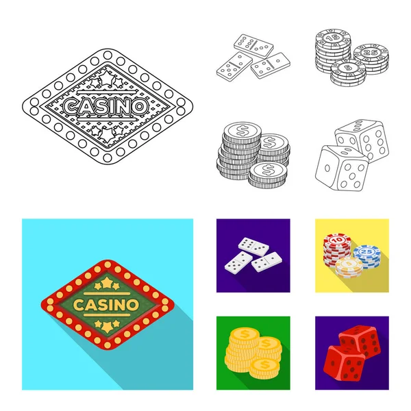 Domino-Knochen, ein Stapel Chips, ein Haufen Mont, Spielsteine. Casino und Glücksspiel Set Sammlung Symbole in Umriss, flachen Stil Vektor Symbol Stock Illustration Web. — Stockvektor