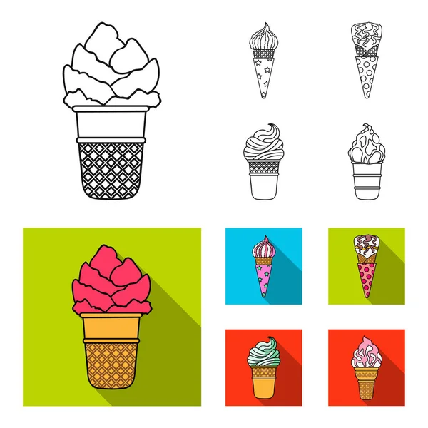 Fagylalt a bottal, egy waffle kúp és más fajok. Ice cream készlet ikonok gyűjtemény vázlat, lapos stílusú vektor szimbólum stock illusztráció web. — Stock Vector