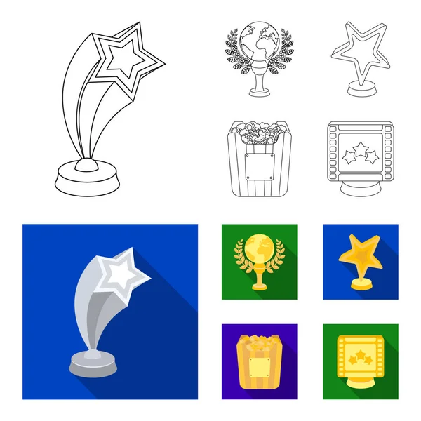 Un premio de oro en la forma de una estrella, un globo de oro y otros premios.Los premios de la película establecen iconos de la colección en el contorno, el estilo plano vector símbolo stock ilustración web . — Vector de stock