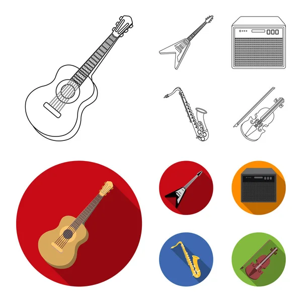 Elgitarr, högtalare, saxofon, violin. Musikinstrument som samling ikoner i disposition, platt stil vektor symbol stock illustration web. — Stock vektor