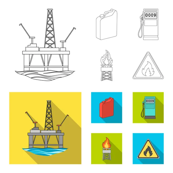 Kanister für Benzin, Tankstelle, Turm, Warnschild. Öl Set Sammlung Symbole in Umriss, flachen Stil Vektor Symbol Stock Illustration Web. — Stockvektor