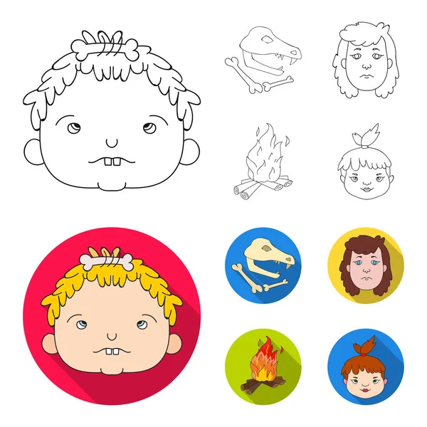Woman Hair Face Bonfire Stone Age Set Collection Icons Outline — Stock Vector