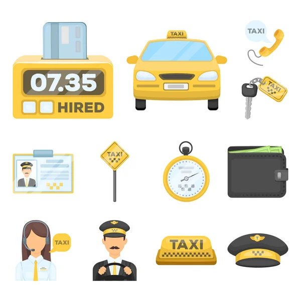Iconos de dibujos animados de servicio de taxi en la colección de conjuntos para el diseño. Taxi conductor y vector de transporte símbolo stock web ilustración . — Vector de stock