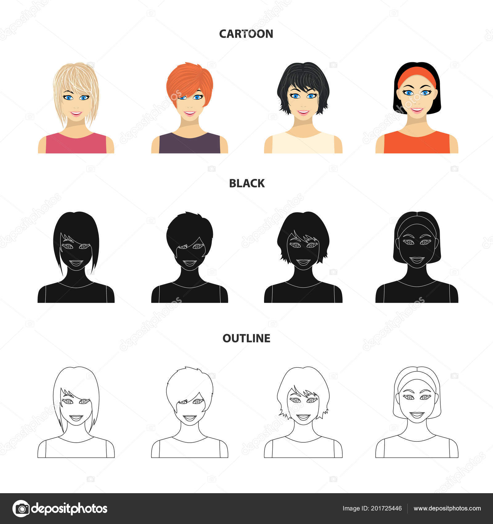 Types Of Female Hairstyles Cartoon Black Outline Icons In
