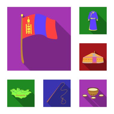 Ülke Moğolistan set koleksiyonu tasarım için düz simgeler. Bölge ve dönüm noktası sembol stok web illüstrasyon vektör.