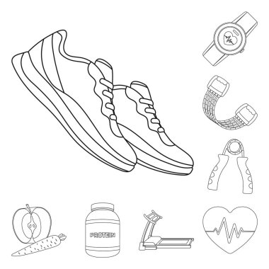 Spor salonu ve eğitim anahat simgeleri set koleksiyonu tasarım için. Spor salonu ve ekipmanları sembol stok web illüstrasyon vektör.