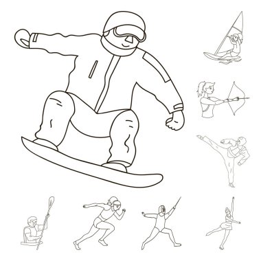 Spor çeşitleri set koleksiyonu tasarım için simgeleri anahat. Atlet, yarışmalar sembol stok web illüstrasyon vektör.