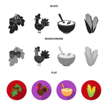 Meşe palamutları, corn.arthene püresi, Festival organizatörü, Kanada Şükran günü küme toplama simgeler siyah, düz, tek renkli stil vektör simge stok çizim web.