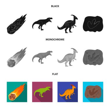 Düşen bir göktaşı, parasaurolophus, tyrannosaurus, bir dinozor ayak olan. Dinozor ve tarih öncesi dönemi simgeler vektör simge stok siyah, düz, tek renkli bir tarzda ayarla