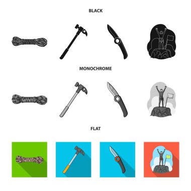 Dağcı fethedilen top, ip, bıçak, çekiç bobin. Dağcılık toplama simgeler siyah, düz, tek renkli stil vektör simge stok çizim web içinde ayarla..