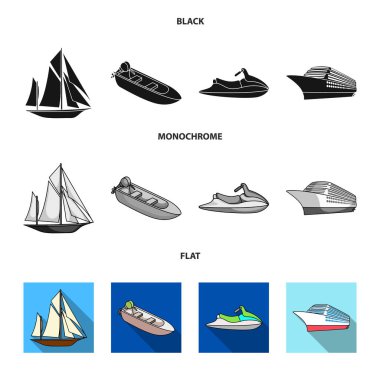 Antik Yelkenli, motorlu tekne, scooter, deniz gemisi. Gemi ve Su ulaştırma araçları toplama simgeler siyah, düz, tek renkli stil vektör simge stok çizim web ayarla.