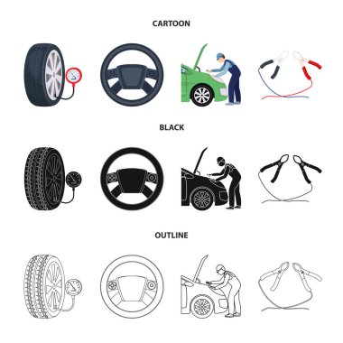 Motor ayarı, direksiyon simidi, kelepçe ve tekerlek çizgi film, siyah, anahat simgeleri set koleksiyonu tasarım için. Araba bakım istasyonu vektör simge stok çizim web.