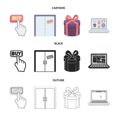 El, tıklayın, Asansör, Hediyelik, kutusu, kapı, online mağaza ve diğer ekipmanlar. E ticaret toplama simgeler çizgi film, siyah, anahat stili vektör simge stok çizim web içinde ayarla..