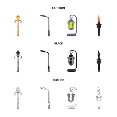 Retro tarzı, modern fener, meşale ve diğer tip-in sokak sokak lâmbası direği. Elektrik direği toplama simgeler çizgi film, siyah, anahat stili vektör simge stok çizim web içinde ayarla..