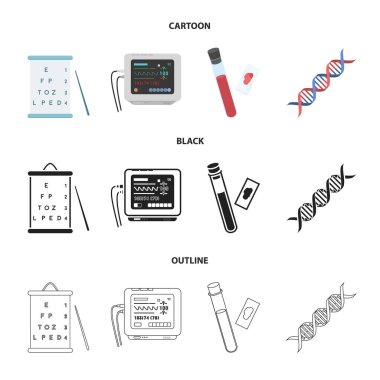 Görme testleri, kan testi, bir Dna kodu, bir EKG Cihazı tablosu. İlaç toplama simgeler çizgi film, siyah, anahat stili vektör simge stok çizim web içinde ayarla..