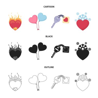 Sıcak kalp, balonlar, a çekicilik, soğuk bir kalp ile a anahtar. Romantik toplama simgeler çizgi film, siyah, anahat stili vektör simge stok çizim web içinde ayarla..