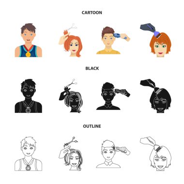 Bir madalya, bir saç kesimi ile elektrikli bir daktilo ve diğer web simgesi çizgi film, siyah, anahat tarzı ile sporcu. Kadınlar saç kesimi, saç kümesi koleksiyonundaki Kuaför Icons boyama.