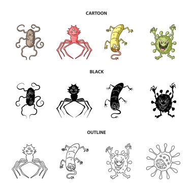Mikrop ve virüs farklı türleri. Virüs ve bakteriler toplama simgeler çizgi film, siyah, anahat stili vektör simge stok çizim web içinde ayarla.