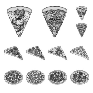Farklı pizza set koleksiyonu tasarım için tek renkli simgeler. Pizza yemek vektör simge stok web çizim.