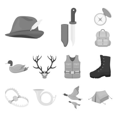 Avcılık ve kupa tek renkli simgeler set koleksiyonu tasarım için. Avcılık ve ekipman sembol stok web illüstrasyon vektör.