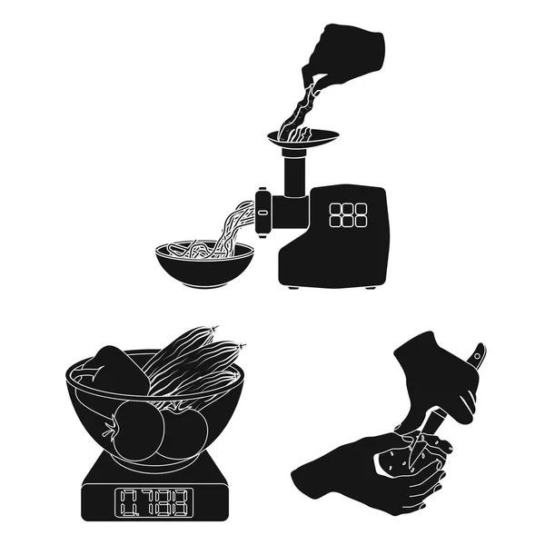 Cozinhar alimentos ícones pretos na coleção de conjuntos para design. Cozinha, equipamentos e ferramentas símbolo vetorial ilustração web . — Vetor de Stock