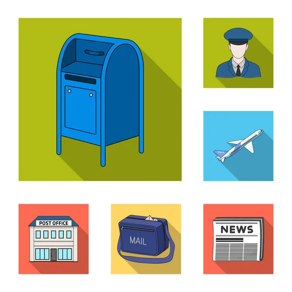 Ícones planos de correio e carteiro na coleção de conjuntos para design. Ilustração web do símbolo do vetor do correio e do equipamento . — Vetor de Stock