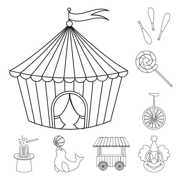 Circo y atributos esbozan iconos en la colección de conjuntos para el diseño. Circo Arte vector símbolo stock web ilustración . — Vector de stock