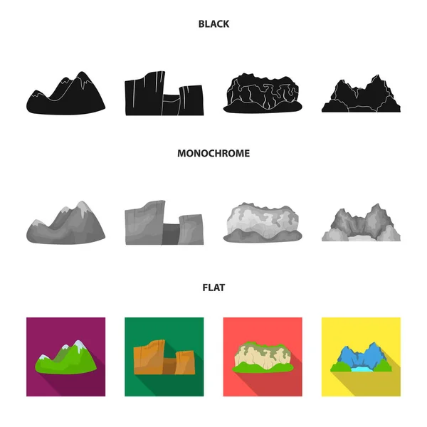 Berg med snö toppar, en kanjon, stenar med skogar, en lagun och stenar. Olika bergen som samling ikoner i svart, platt, svartvit stil vektor symbol stock illustration web. — Stock vektor