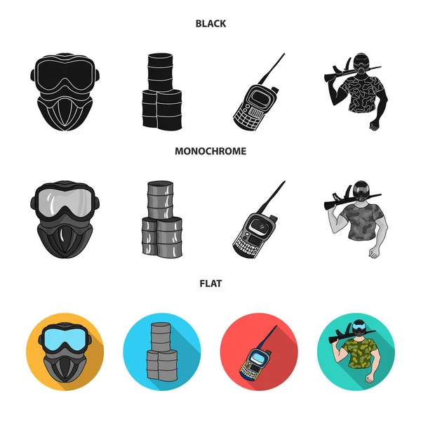 Zařízení, masky, barel, barikády. Paintball set kolekce ikon v černé, plochý, monochromatický stylu vektor symbol skladem ilustrace web. — Stockový vektor