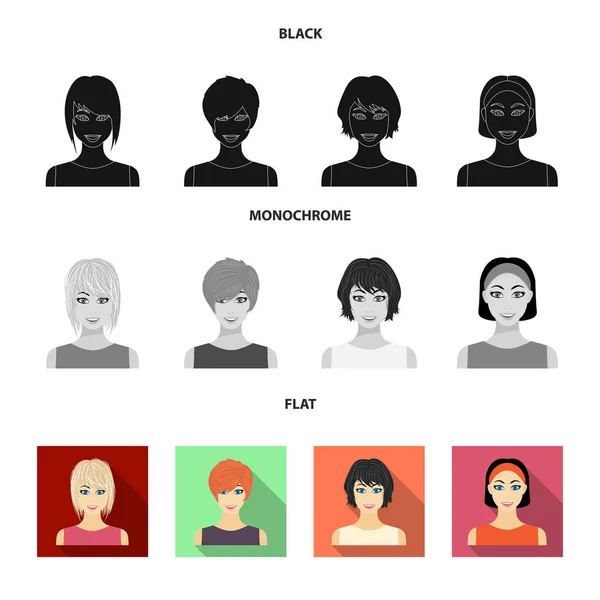 Tipos de penteados femininos ícones pretos, planos e monocromáticos na coleção de conjuntos para design. Aparência de uma mulher vetor símbolo web ilustração . —  Vetores de Stock