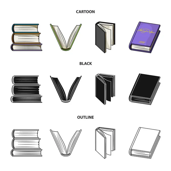Varios tipos de libros. Libros conjunto de iconos de colección en dibujos animados, negro, contorno estilo vector símbolo stock ilustración web . — Archivo Imágenes Vectoriales