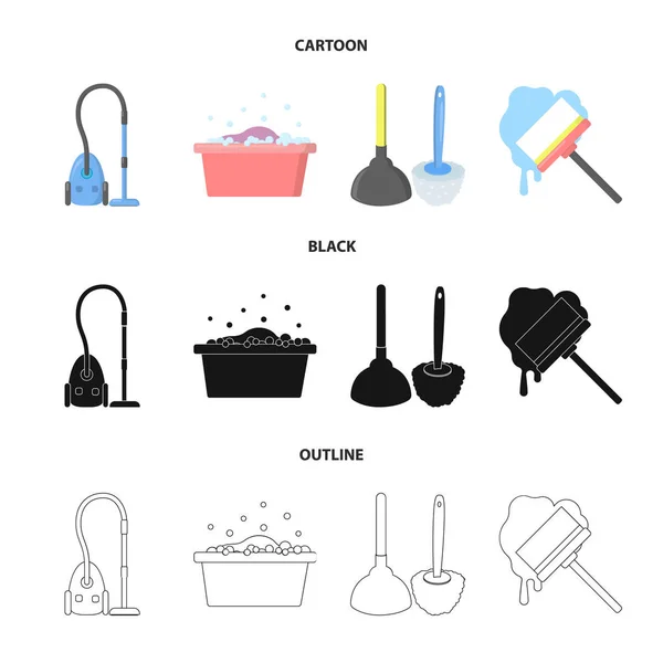 Limpieza y criada de dibujos animados, negro, iconos de contorno en la colección de conjuntos para el diseño. Equipo para la limpieza vector símbolo stock web ilustración . — Vector de stock