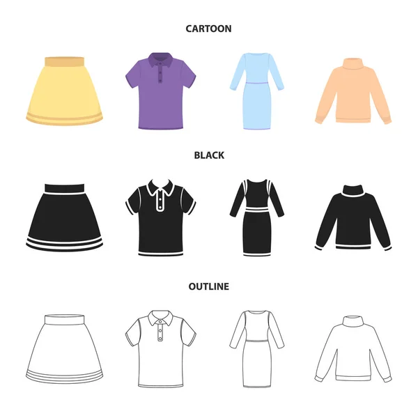 Spódnica, t-shirt, sweter, sukienka z długim rękawem. Odzież zestaw kolekcji ikon w kreskówki, czarny, zarys styl wektor symbol ilustracji w sieci web. — Wektor stockowy