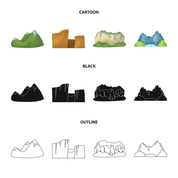 Berg med snö toppar, en kanjon, stenar med skogar, en lagun och stenar. Olika bergen som samling ikoner i tecknad, svart, disposition stil vektor symbol stock illustration web. — Stock vektor