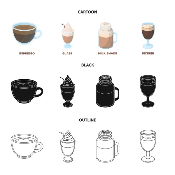 Esprecco, glase, milk shake, bicérine.Différents types d'icônes de collection de coffrets de café en dessin animé, noir, contour style vectoriel symbole illustration web . — Image vectorielle