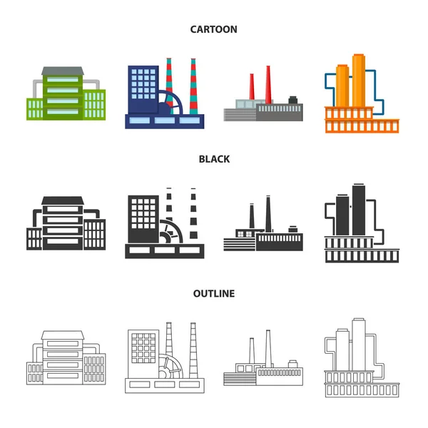Iconos de colección conjunto de fábrica de la industria, production.Factory en dibujos animados, negro, contorno estilo vector símbolo stock ilustración web . — Vector de stock