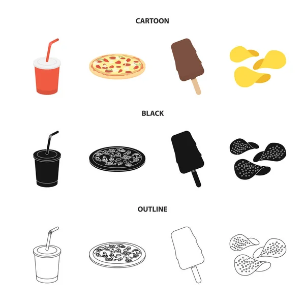 Cola, pizza, helado, chips.Fast conjunto de alimentos iconos de la colección en la historieta, negro, contorno estilo vector símbolo stock ilustración web . — Vector de stock