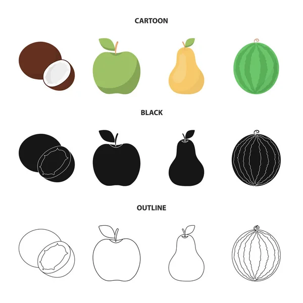 Kokosnuss, Apfel, Birne, Wassermelone. Früchte Set Sammlung Symbole in Cartoon, schwarz, umreißen Stil Vektor Symbol Stock Illustration Web. — Stockvektor