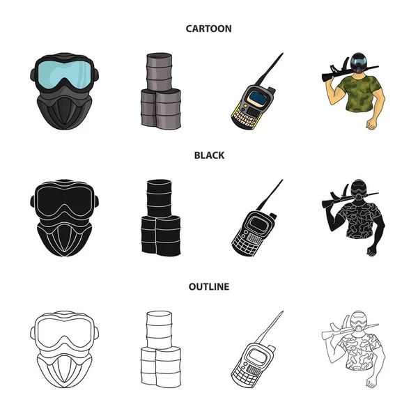 Zařízení, masky, barel, barikády. Paintball set kolekce ikon v karikatuře, černý, osnovy styl vektor symbol skladem ilustrace web. — Stockový vektor