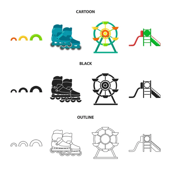 사다리, 페리스 휠 스쿠터. 만화, 검정, 개요 스타일 벡터 기호 재고 일러스트 웹에 놀이터 설정 컬렉션 아이콘. — 스톡 벡터