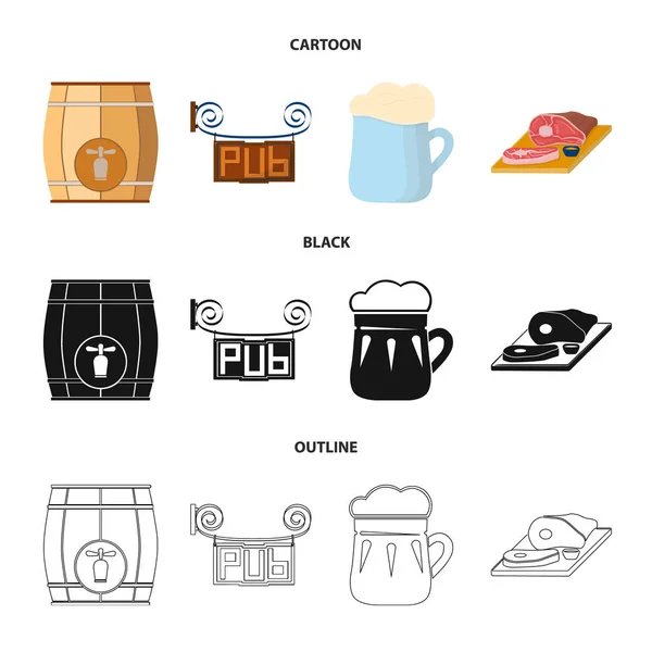 Een houten vat met een kraan, het teken van een pub, een mok van bier, stukken vlees op een bord. Pub instellen collectie iconen in de tekenfilm, zwart, overzicht stijl vector symbool stock illustratie web. — Stockvector