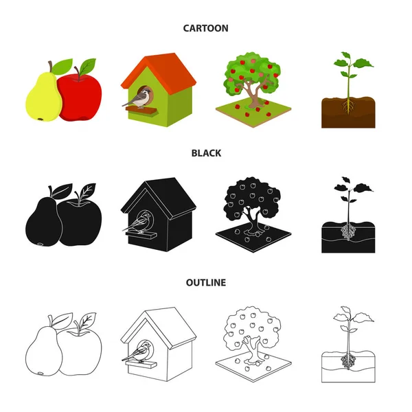 Garden, farming, nature and other web icon in cartoon, black, outline style. Посадка, корневище, стебель, стебель в комплекте . — стоковый вектор