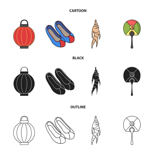 Raíz curativa, linterna coreana, zapatos nacionales, abanico multicolor. Corea del Sur conjunto de iconos de colección en dibujos animados, negro, contorno estilo vector símbolo stock ilustración web . — Vector de stock